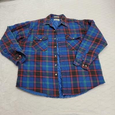 Vintage St Johns Bay Plaid Flannel Shirt Jacket XL Quilt Lined Blue Red Shacket