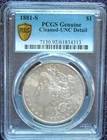 1881 S MORGAN SILVER DOLLAR PCGS GOLD LABEL UNC DETAILS CLEANED EYE APPEAL PLUS