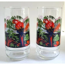 Drinking Glasses-Luxus by Crisa-Vintage-Parrots-Tropical-Clear Glass-16 oz-Set 2