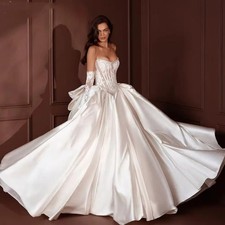 Wedding Dress Bow Back Lace Appliques Pearls Beading Pleats Satin Bridal Gown