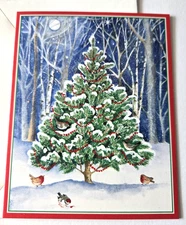 Vintage Christmas Card Snowy Tree with Birds Nighttime Scene