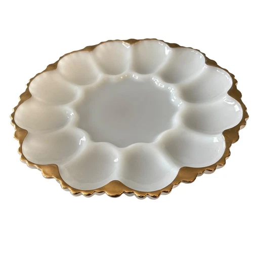 Vintage Anchor Hocking White Milk Glass Oyster Plate Platter with Gold Trim