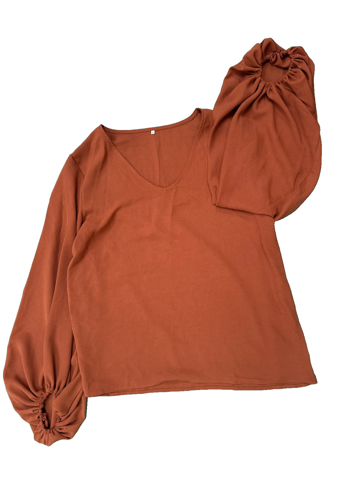 Rust Orange Puff Sleeve Women's Top V-Neck Blouse Casual Loose Fit Size M image 2