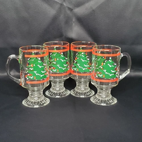 Waechtersbach Christmas Tree Glass Irish Coffee Footed Mugs Set of 4 Red Green