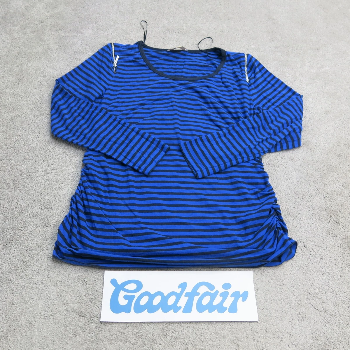 Michael Kors Shirt Women XL Blue Black Striped Knit Top Shoulder