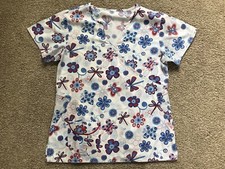 Womens Scrub Top Summer Floral Butterflies Dragonflies Red White Blue