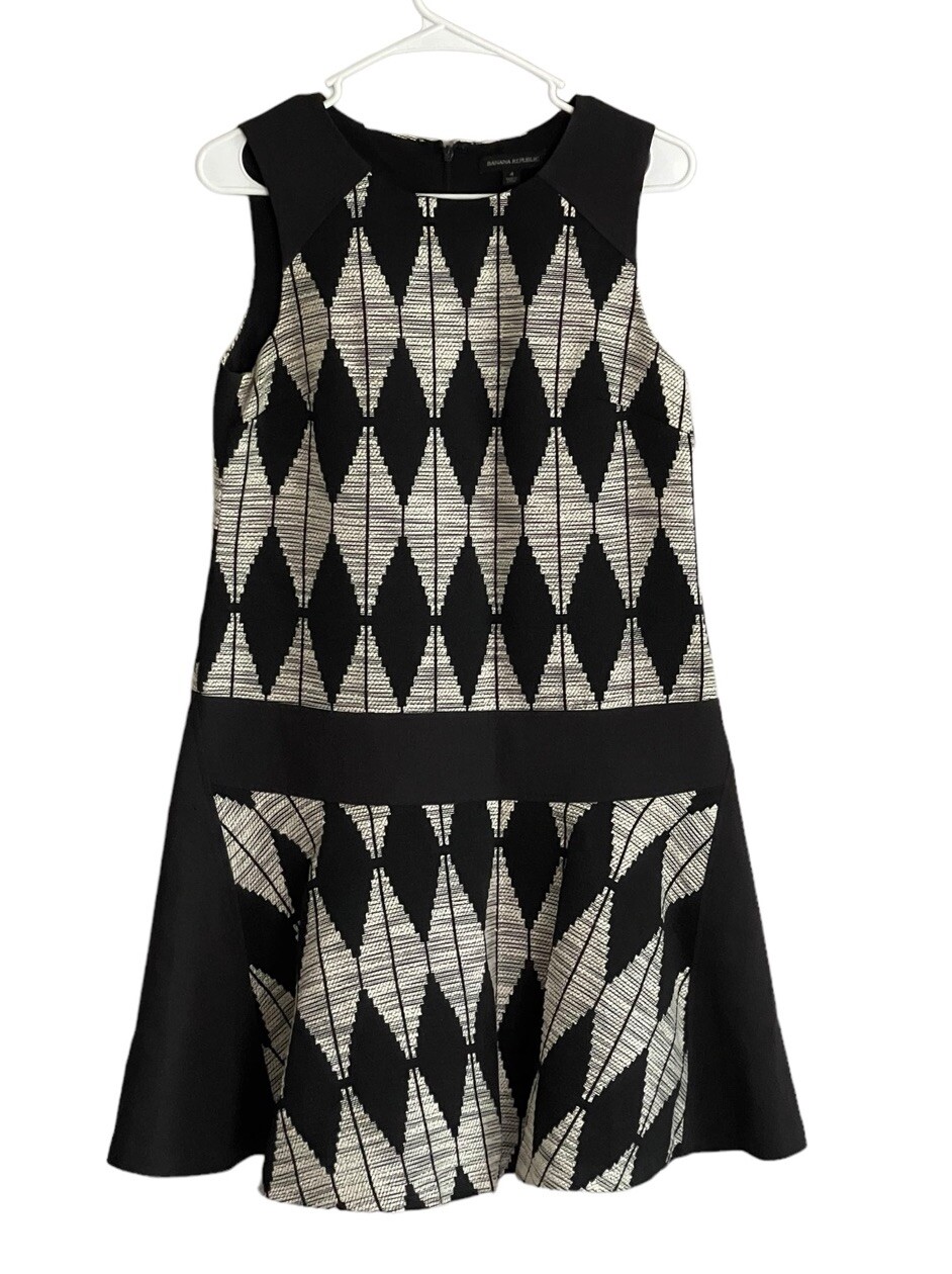 Banana Republic Black Diamond Jacquard Tweed Drop Waist Dress Size 4 Flare Hem