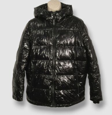 $255 Calvin Klein Men's Black High Shine Hooded Down Puffer Jacket Size L