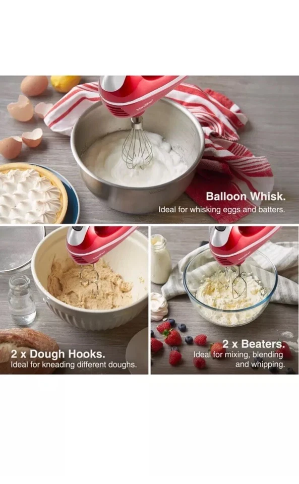 Batidor Eléctrico Batidor de Mano - Mezclador de Alimentos Rojo VonShef para Hornear, 5 Velocidades - 300W Foto 2 de 4