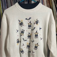 90s Vintage Jerzees Morning Sun Flying Witch Sweater Bats Broom Halloween White