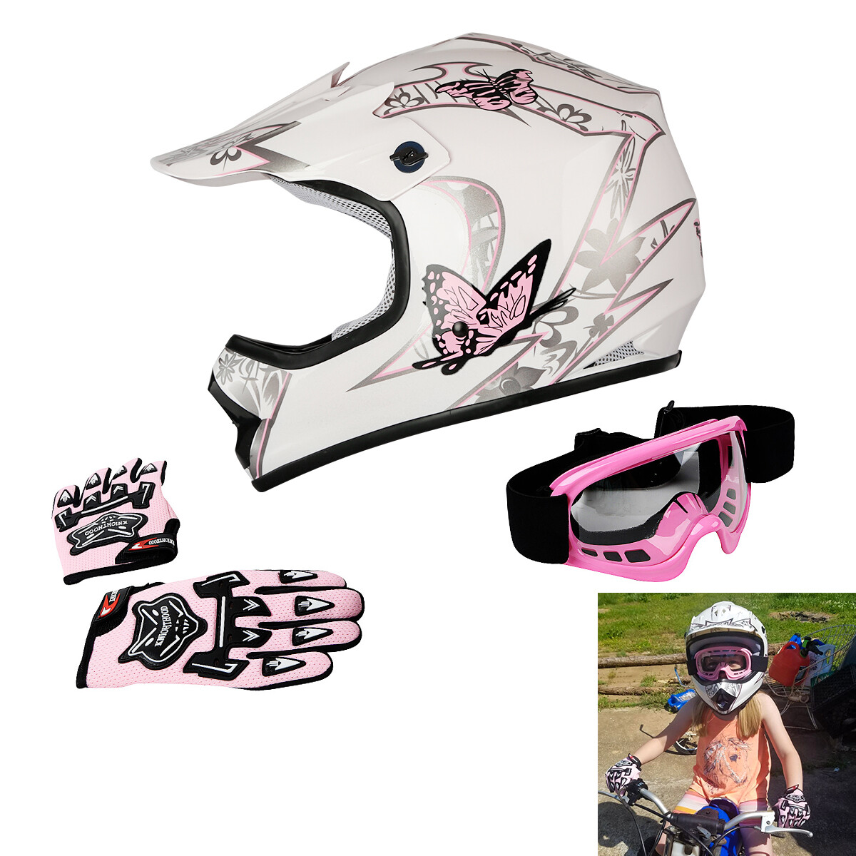 🔥 DOT Youth Butterfly Dirt Bike ATV Helmet Motocross+Goggles+Gloves S/M