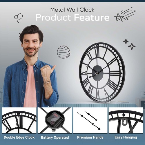 Römische Wanduhr Metall Design Skelett Ziffern offenes Gesicht Garten Büro Zuhause - Bild 51 von 91