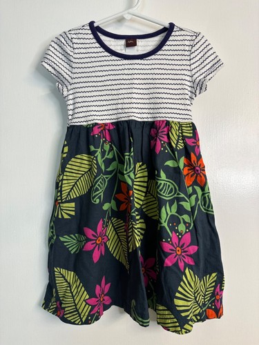 Tea Collection Size 4 Navy Wavy Stripe and Bright Floral Print Dress Knit Woven