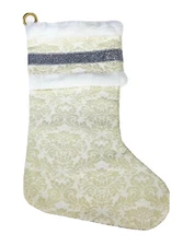 20” Ivory Brocade Christmas Holiday Stocking Large Faux Fur