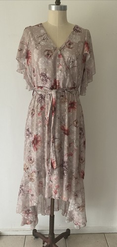 Dotti Size 14 NWT Maxi Dress High Front Ruffle Hem Flutter Sleeves Elastic Tie W
