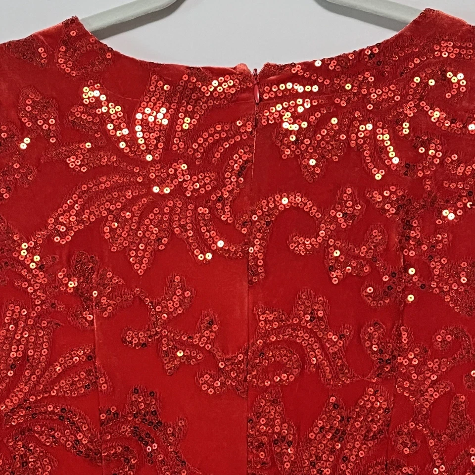VENUS Red Velvet Sheath Dress Sequins Floral Size 12 Stretch Romantic Holiday - Image 4 of 4