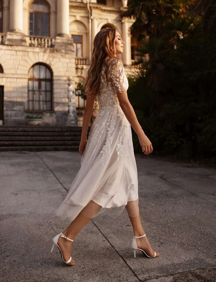 Luftiges Kurz Spitze Brautkleid Hochzeitskleid Floral Maßanfertigung Knöpfe Tüll - Bild 4 von 4