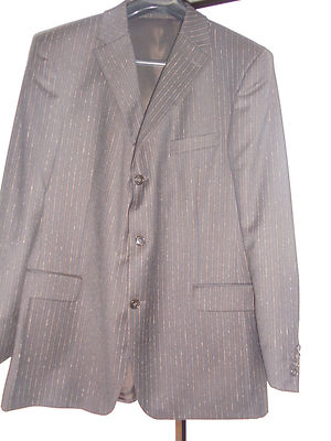STRELLSON  MEN SUIT VIRGIN WOOL BROWN MICRO-STRIPE SLIM FIT SIZE-EUR-54 NEW