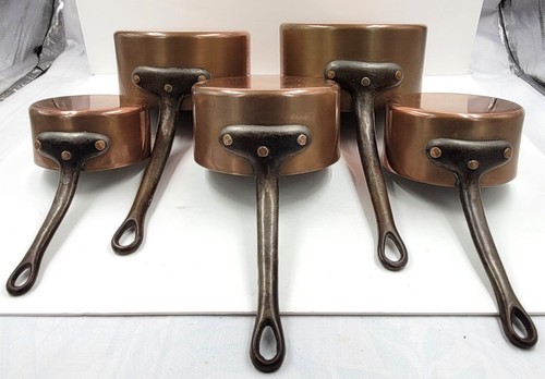 Vintage Set 5 FRENCH COPPER SAUCEPANS 4.9 Kg TIN LINED 10.8lb Iron Handles