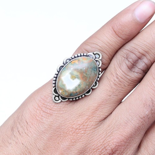 Rainforest Jasper Gemstone Handmade 925 Antique Silver Jewelry Rings "7" - Picture 1 of 7