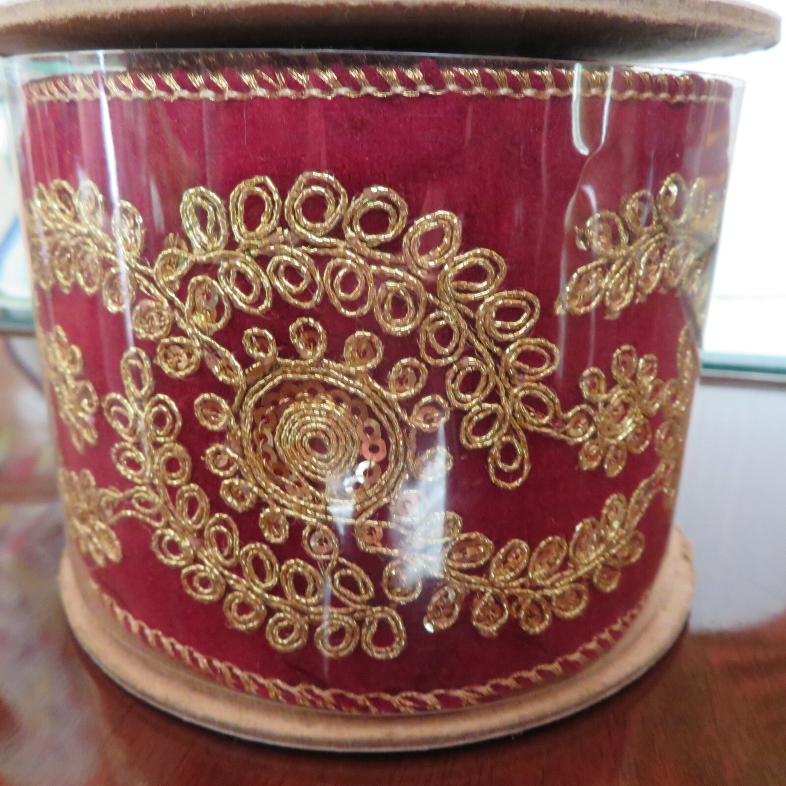 1 Roll Unwired Red Velvet Ribbon Gold Metallic Embroidery 3