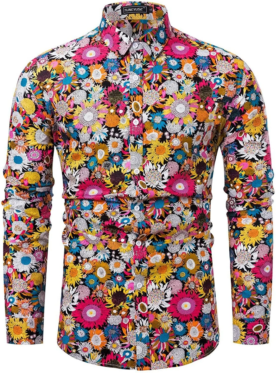 TUNEVUSE Men Floral Dress Shirts Long Sleeve Casual Button Down Flower Printed S