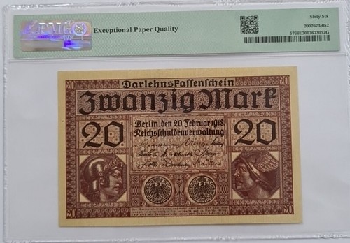 1918 Germany 20 Mark PMG66 EPQ GEM UNC 【P-57】@State Loan Currency Note@ - Picture 2 of 4