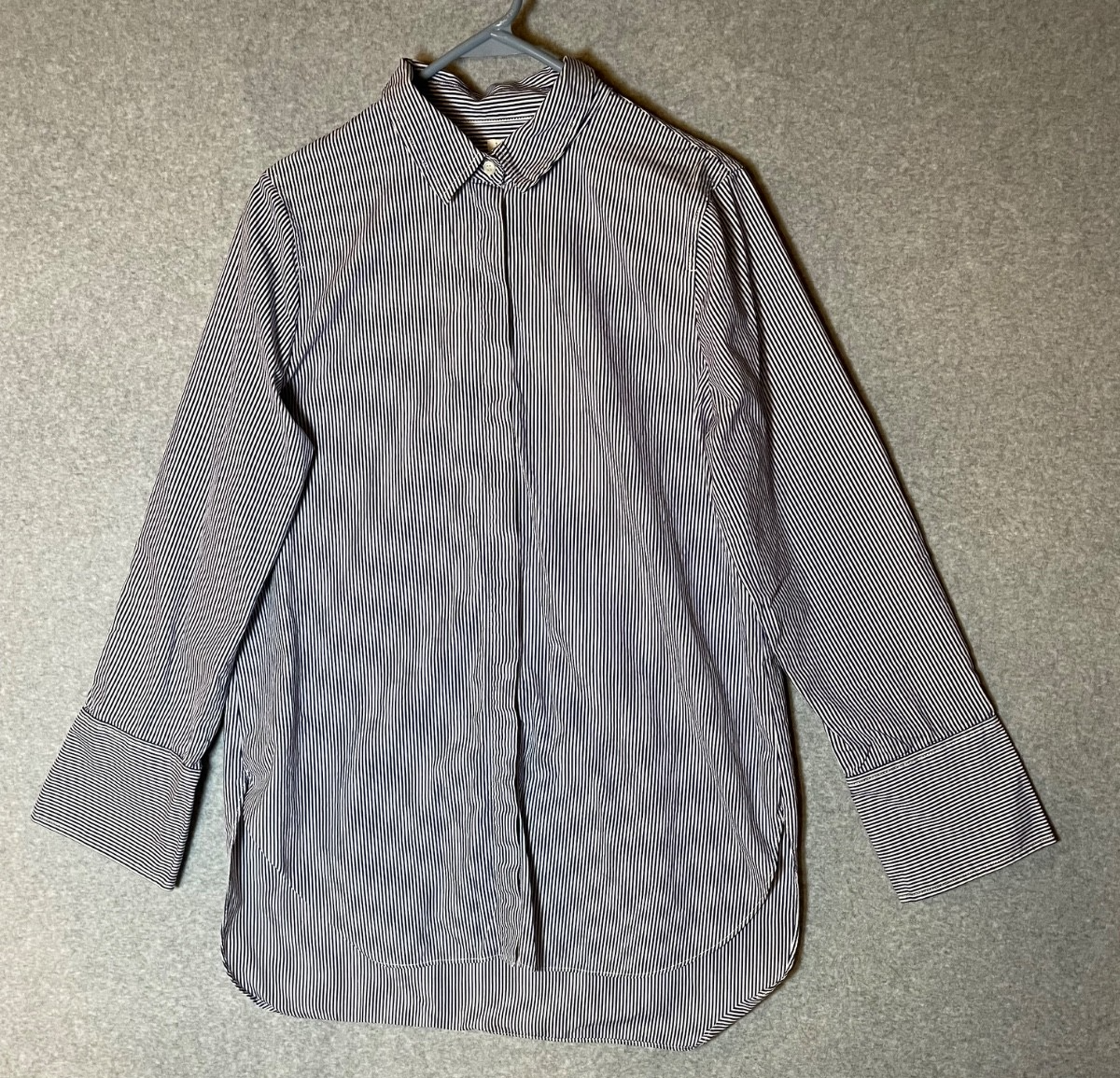 J Crew Tunic Top Button Up Womens Large Blue White Pin Stripe Casual  Office