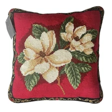 C & F Home Magnolia Flowers Wool Needlepoint Throw Pillow Red 13 x 13 New w/Tag