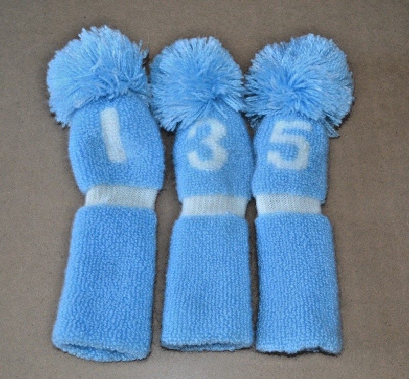 Vintage Golf Club Head Covers (3) Pom Pom Light Blue Acrylic Knit Retro CLEAN