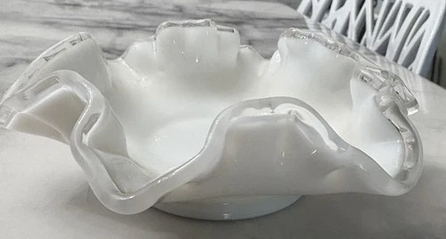 Vintage Fenton Silver Crest Ruffled Edge Milk Glass Candy Bowl Dish