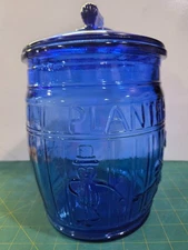 VINTAGE PLANTERS COBALT BLUE GLASS JAR WITH LID  EXCELLENT CLEAN CONDITION