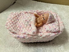 4"  Sleeping Doll (preloved) with Handcrafted Pink Cot & Bedding - Unique Gift