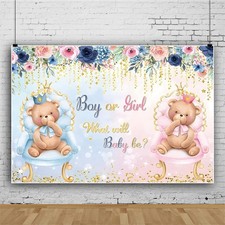 Bear Gender Reveal Backdrop Boy or Girl Floral Baby Shower Party Background Pink