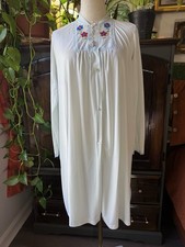 Sz M VINTAGE Nylon Tricot Embroidered Silky Long Nightgown Button Up Lace Blue