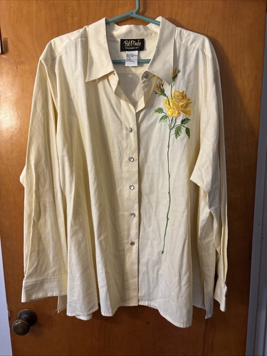 Bob Mackie Pearl Button Western Shirt Embroidered Rose Flower Yellow Cotton 3X