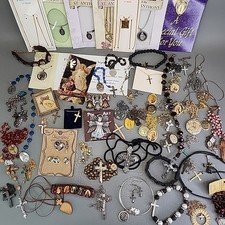 Religious Lot of 71 Necklace Crucifix Cross Medals Bracelet Broken Rosaries
