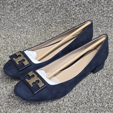 Tory Burch Gigi Suede Pumps Gold Logo Block Heel Royal Navy Womens Size US 7.5