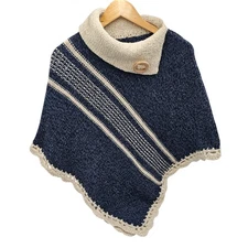 Wool Blend Poncho Knit Made in Portugal Blue & White Women's No Size Marked Read