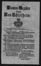 1720 Schlotheim Stammbaum Ahnentafel family tree Wappen coat of arms