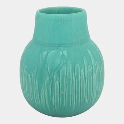 Owens Early 1900s Vintage Arts and Crafts Pottery Matte Green Floral Body Vase - Image 1 of 4