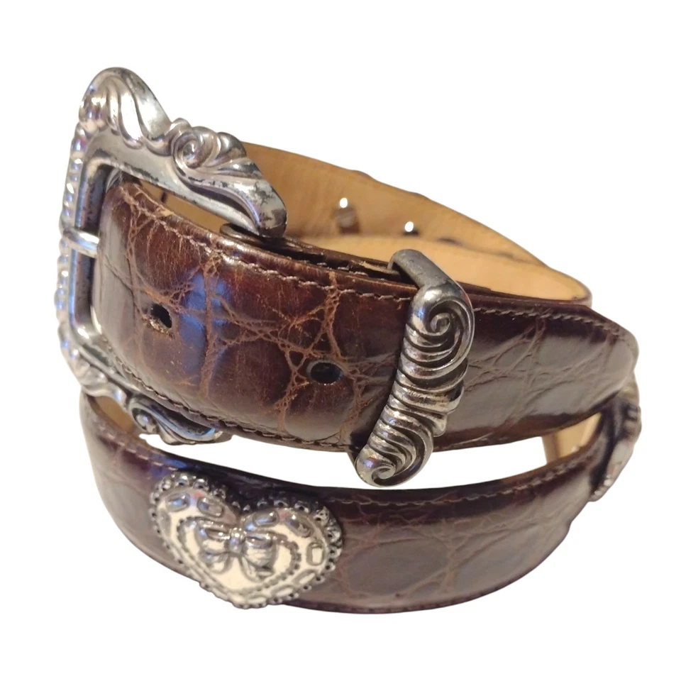 Cinturón Brighton Marrón Cocodrilo Cuero Repujado Plata Corazón Conchos Pequeño EE. UU. De Colección Foto 3 de 4