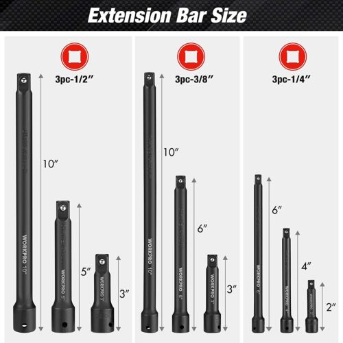 WORKPRO 9PC Impact Socket Driver Extension Bar Set 1/4" 3/8" 1/2 Drive Extension - Picture 2 of 12