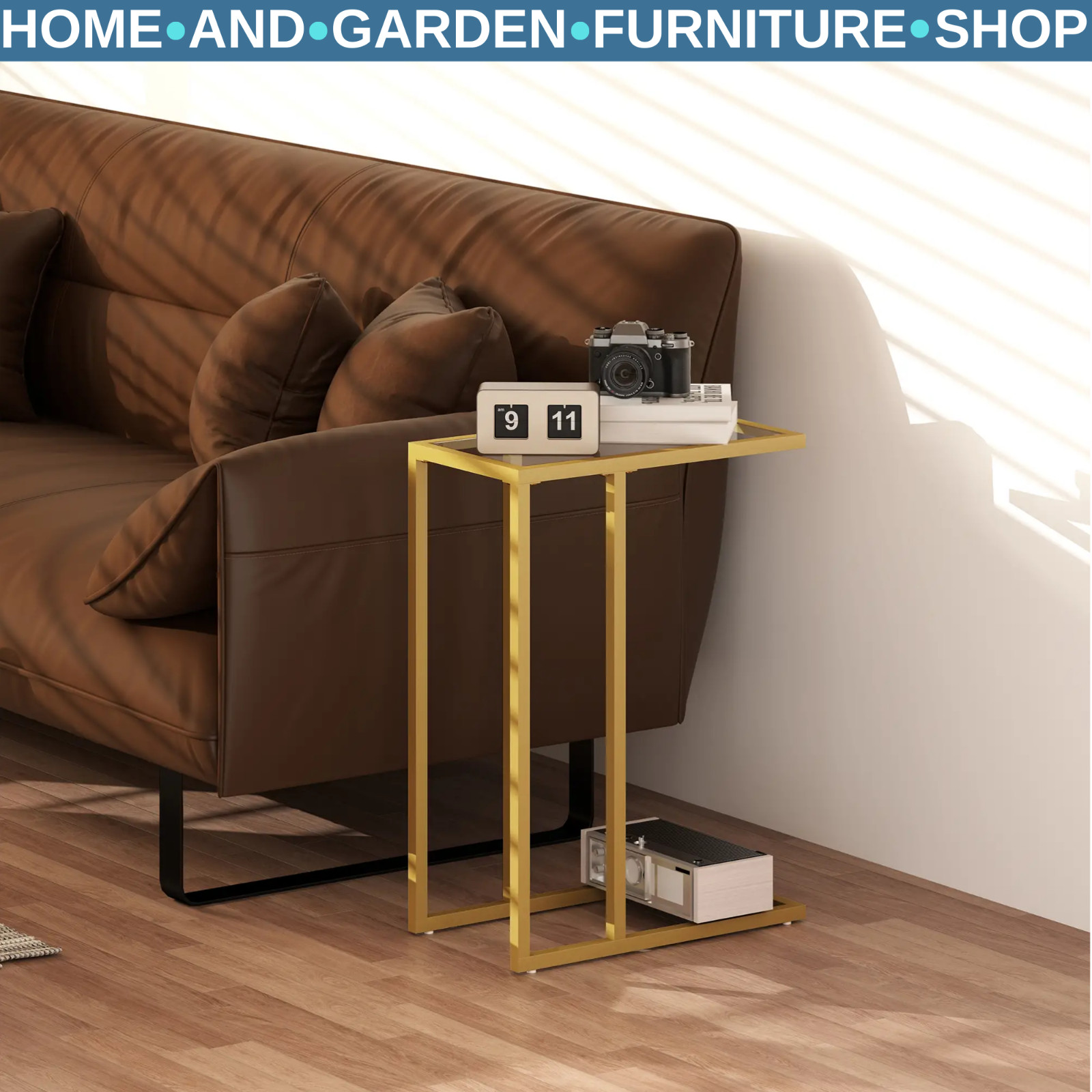 Homcom Gold Tone C-Shaped Bedside Table, Modern Side Table With Tempered Glass Tabletop, Steel Frame For Small Space, Living Room, Bedroom, - Image 2