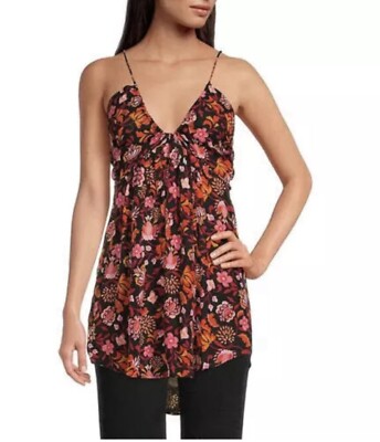 NWT Free People Pixie Top Sz S Floral Prints V Neck Sleeveless Tie Open Back NEW