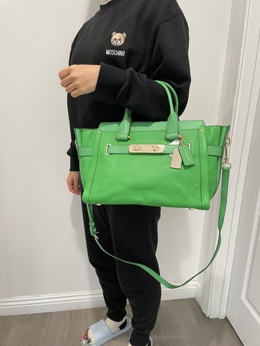 Green Leather Satchel Handbag | Structured Medium Shoulder Purse w/ Turnlock - Picture 10 of 15