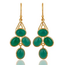 14K Gold Plated Silver Green Onyx Gemstone Dangle Earrings Fashion Jewelry