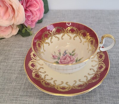 Vintage Aynsley Cup & Saucer Pink Rose, Maroon, Gold Gilt;  Bone China, England