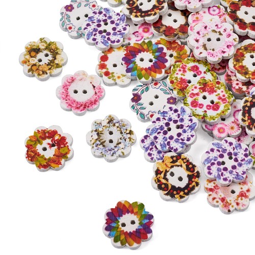 100pz Bottoni in legno fiore 2 fori colori misti stampati decorativi 19x3mm - Foto 2 di 5