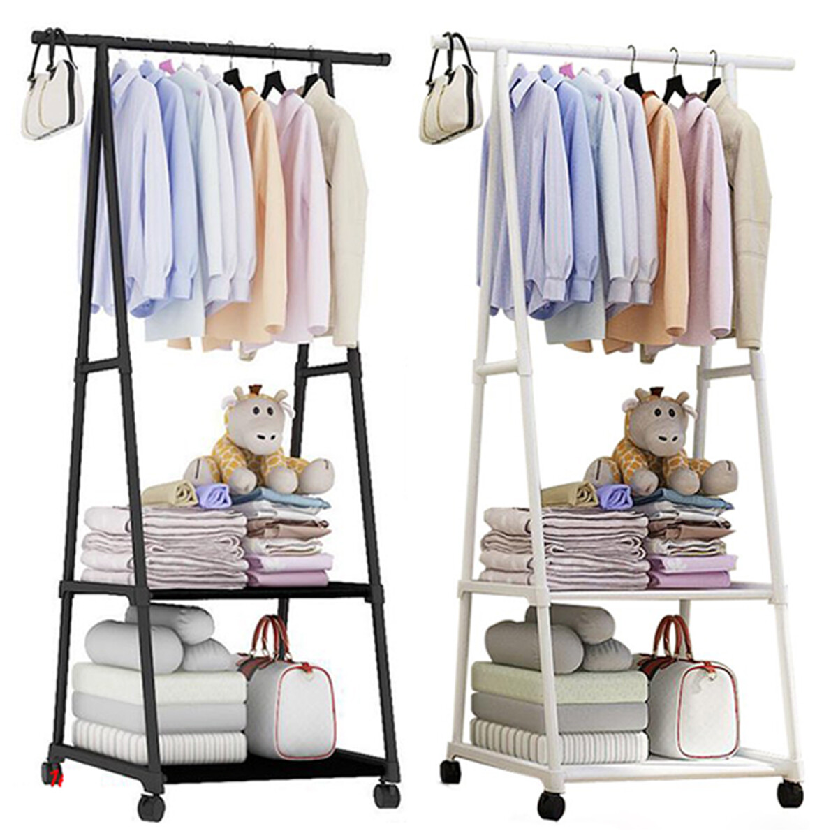Stainless Steel Rolling Garment Rack with Wheels 2-Tier Mobile Tripod Clothes Rack-image